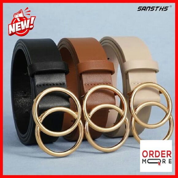 Women\'s 3 Pack Leather Belts Double O-Ring Buckle XS-2XL